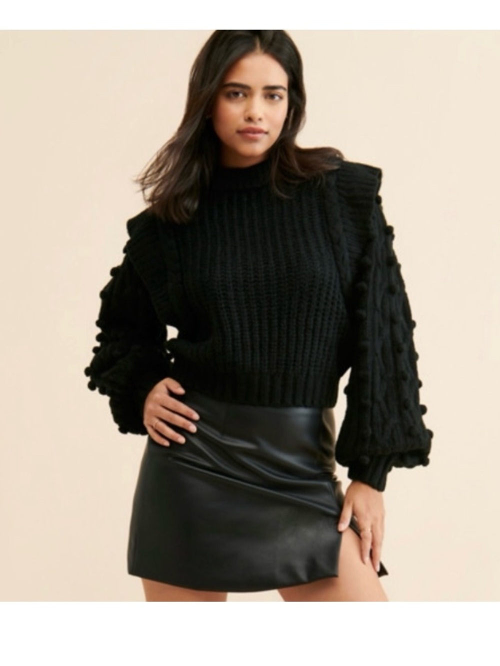 FARM Rio Black Braided Balloon Sleeve Ruffle Sweater XS